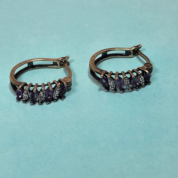 Sterling Silver 925 Marquise Cut Amethyst Diamond Chip Hoop Circle Earrings - Picture 7 of 11